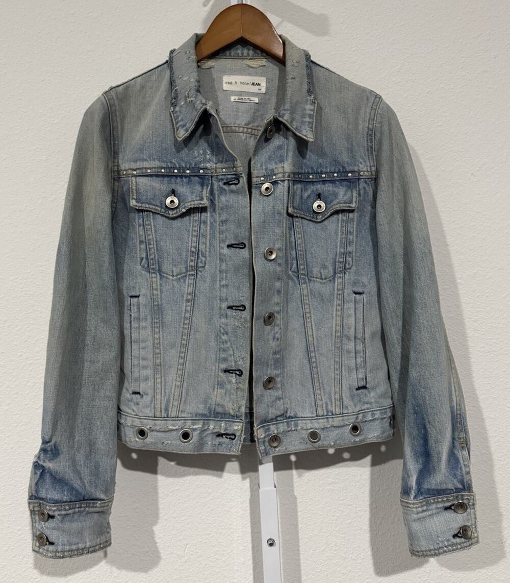 Rag & Bone Avendia Eyelet Grommet Distressed Denim Cotton Jean Jacket Sz S